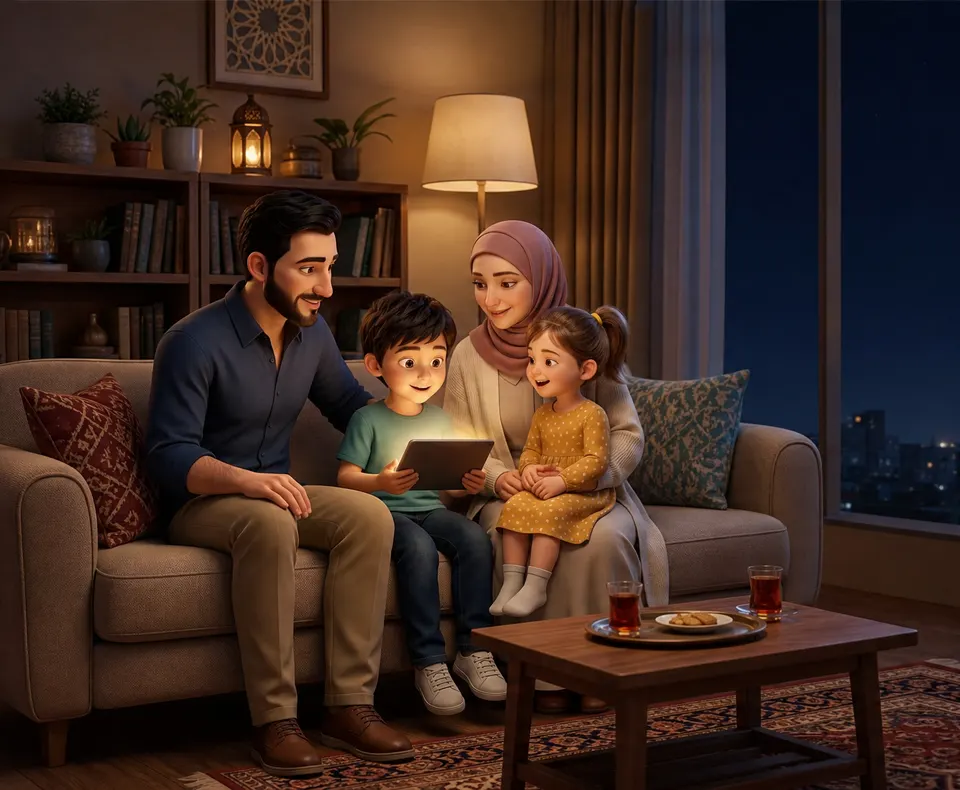 أسرة تشاهد نور الأجيال معًا على التابلت في غرفة المعيشة ليلًا